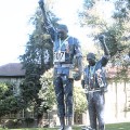 A statue commemorating Olympic stars and civil rights icons Tommie Smith and Juan Carlos at SJSU.