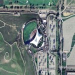 An aerial view of the Shoreline Amphitheatre and grounds.