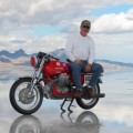 Two-Wheel Deal Last year at Bonneville Salt Flats, Naglee Park resident Alex Balogi set a land speed record for touring bikes on his old Moto Guzzi. (Photo courtesy of H. Alex Balogi)