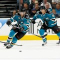 POWER PLAYERS Patrick Marleau (left) and Joe Pavelski push the puck for the Sharks. (Photo by Don Smith)