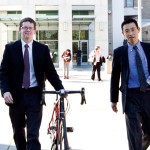 WHEEL AWAY  Volagi co-founders Barley Forsman (left) and Robert Choi walk out of a San Jose courtroom after a jury awarded Specialized Bikes just $1 for its lawsuit against the men. // Courtesy of Stan Olszewski of SOSKIphoto.com.