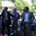 San Jose city councilman Sam Liccardo cutting the red ribbon to the new buffered bike lane on S. 4th Street at San Fernando.