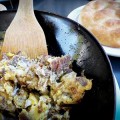 LAMB'N'EGGS  Olympus Caffe & Bakery's Turkish breakfast menu include the kavurmali yumurta, a scramble featuring eggs and succulent chunks of lamb. Photograph by Amy K. Buchanan